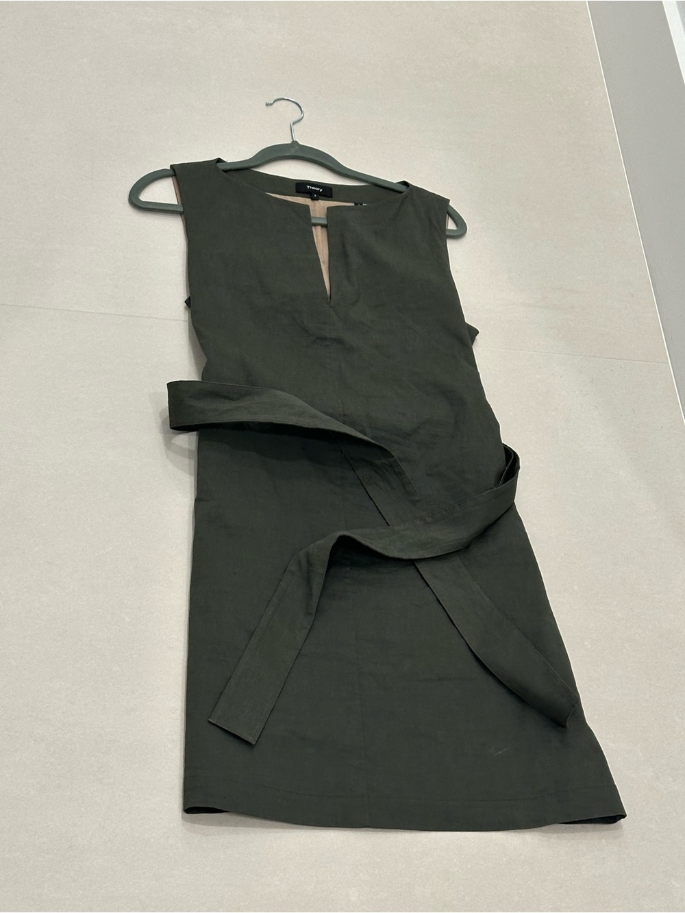 Theory Olive Green Linen Sleeveless Shift Dress with Self Tie